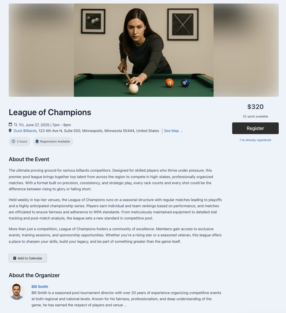 Event registration form builder with custom fields.