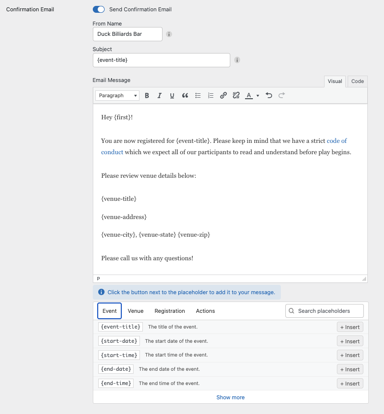 Admin panel for managing events and event registrations.