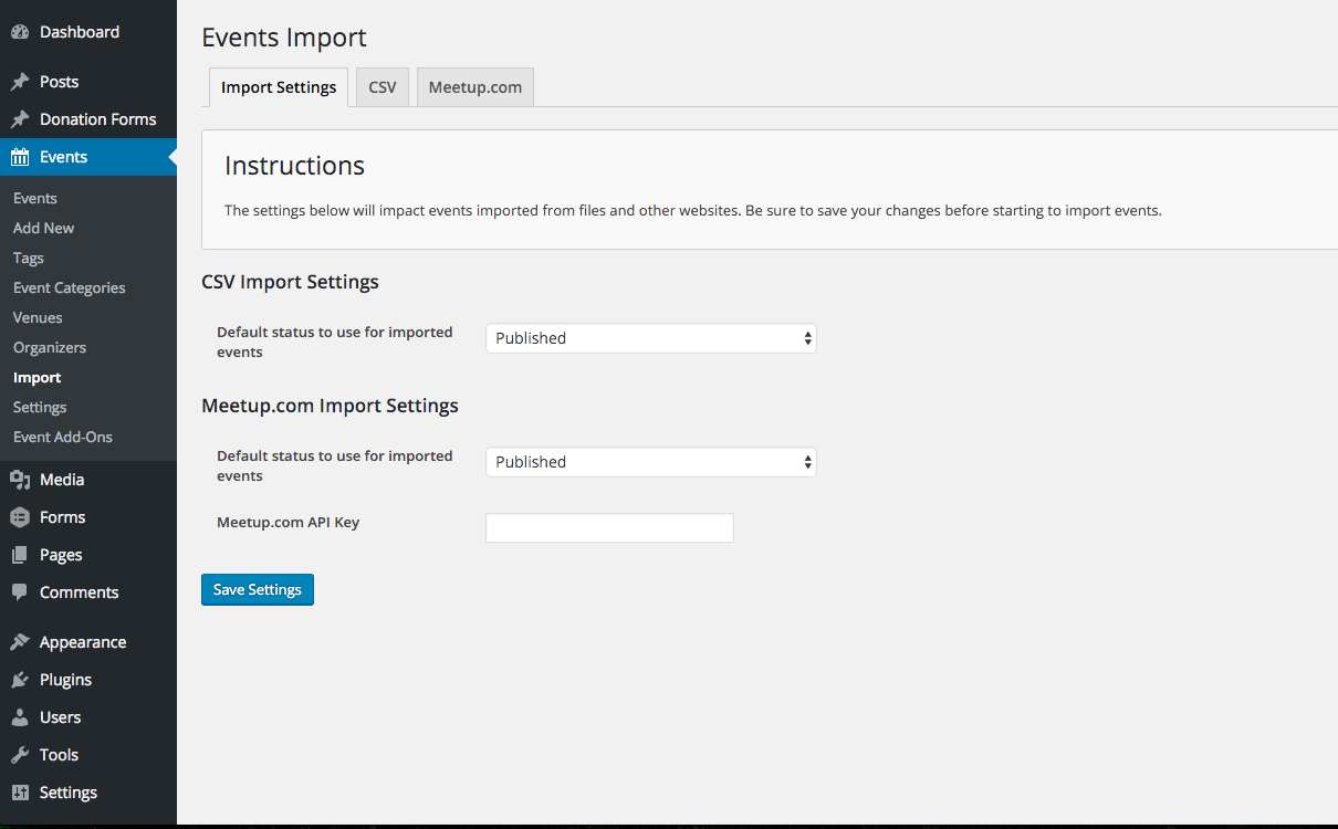 On the main import settings screen you can set your Meetup.com API Key and the default status of imported events.