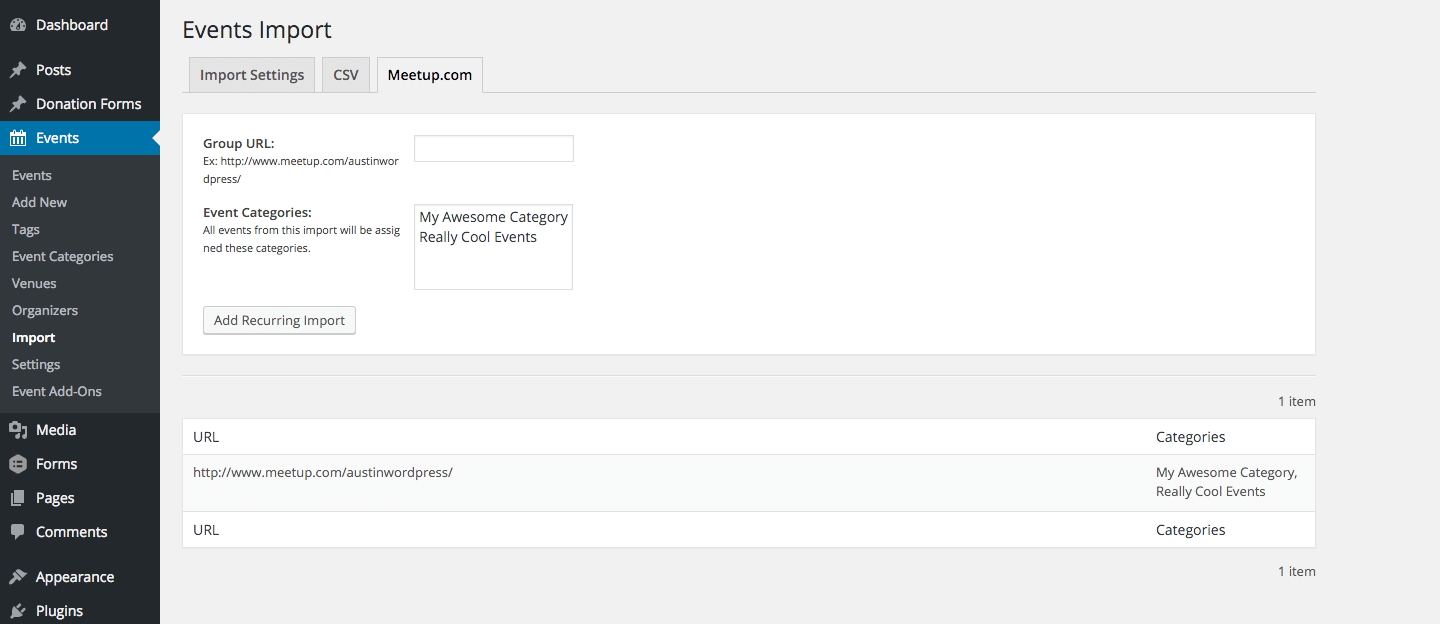 On the Meetup.com import tab, you can set up recurring imports. Enter the URL of the meetup group and choose Event Categories that its events will be a part of.