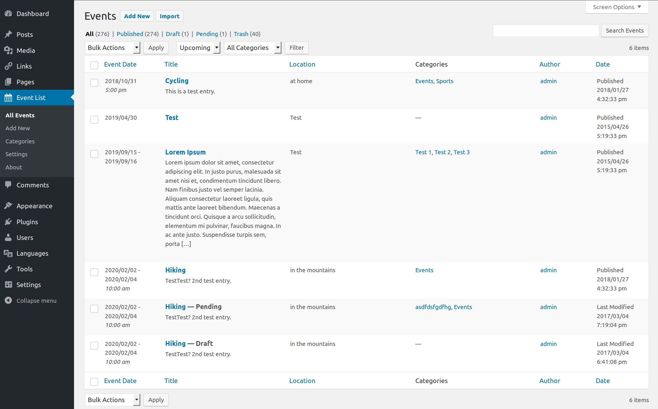 Admin page: Event-List table