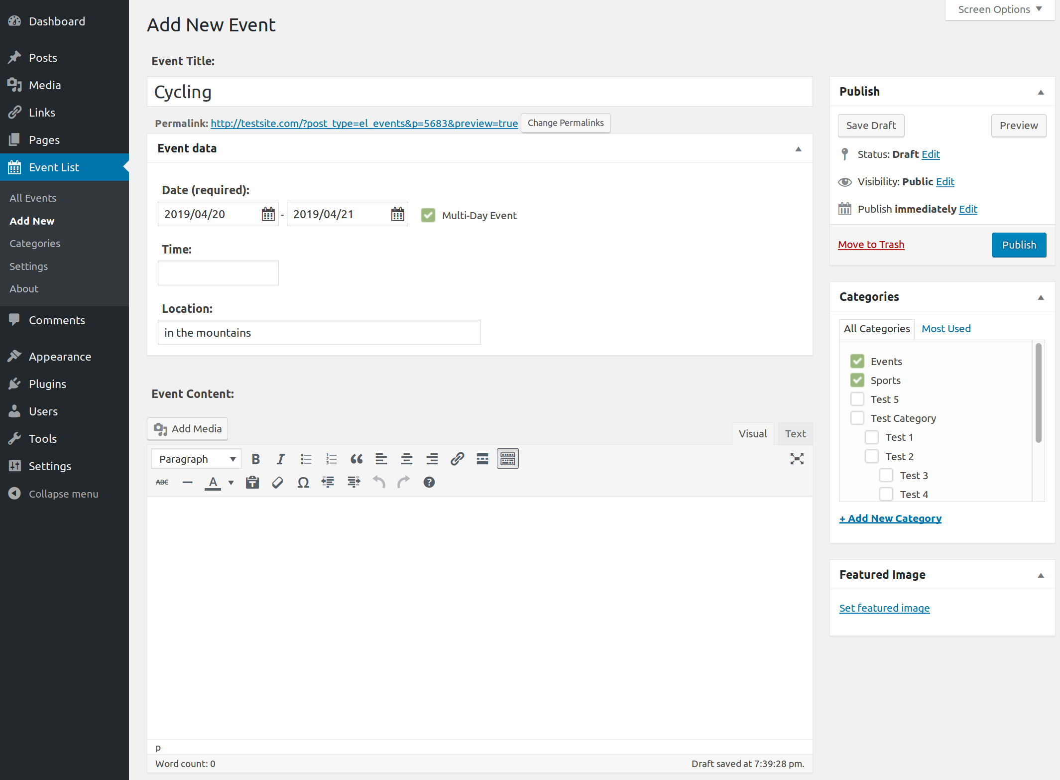 Admin page: Event-List Settings (admin page tab)