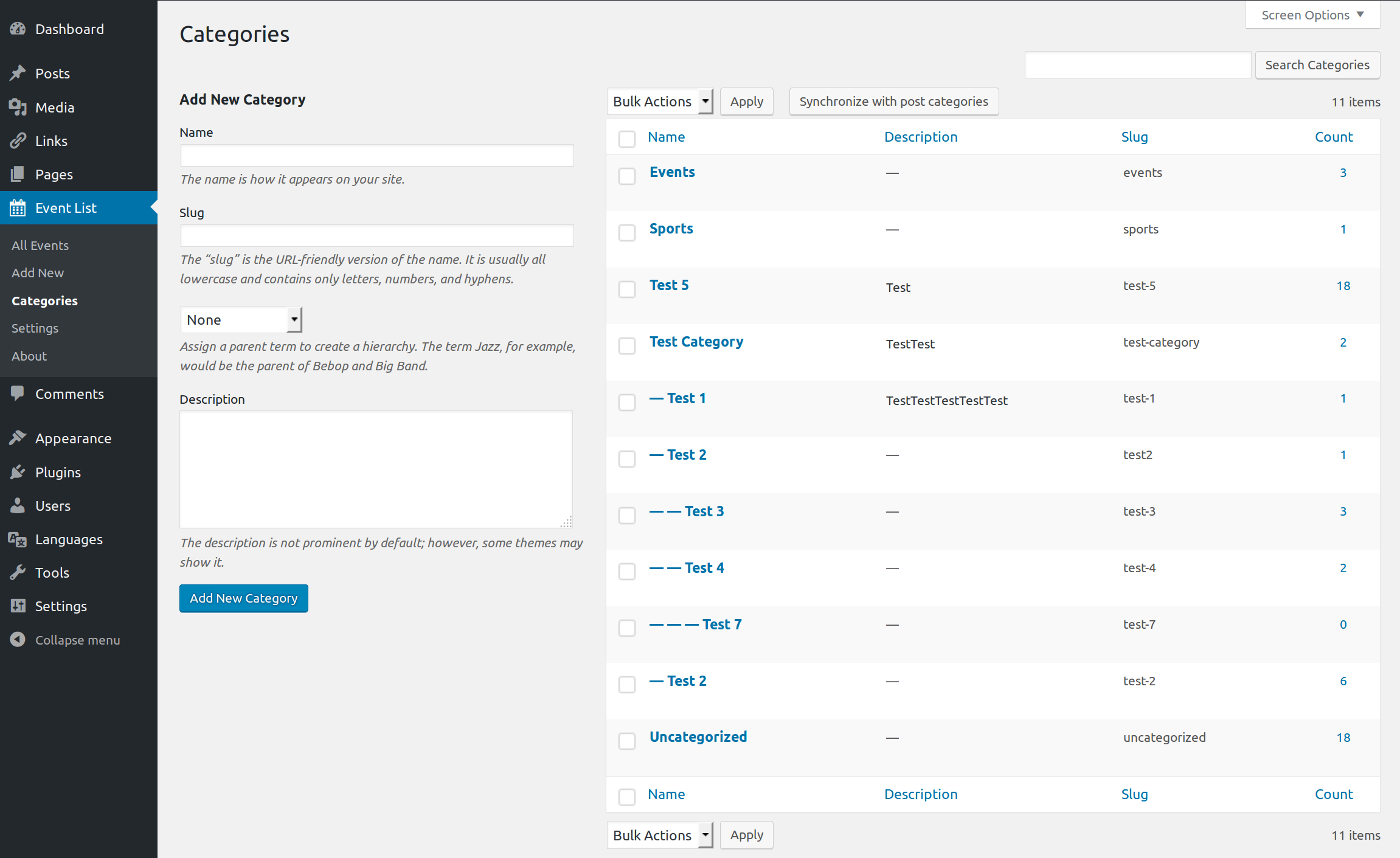 Admin page: Event-List Settings (feed tab)