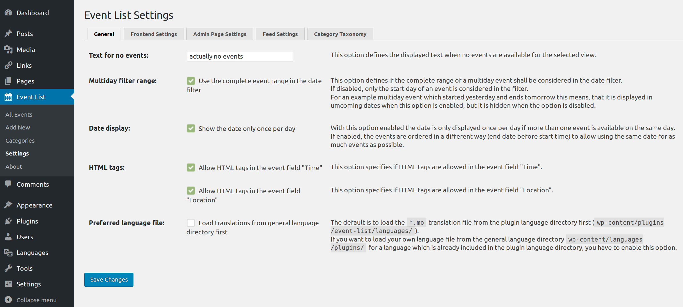 Admin page: Event-List Settings (taxonomy tab)