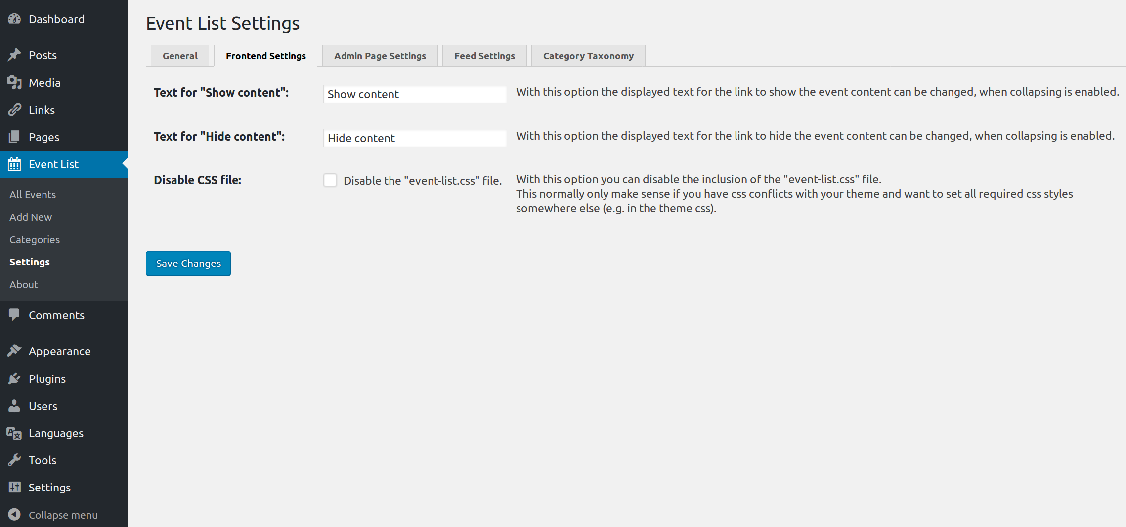 Admin page: Event-List About page (general tab) with help and about page
