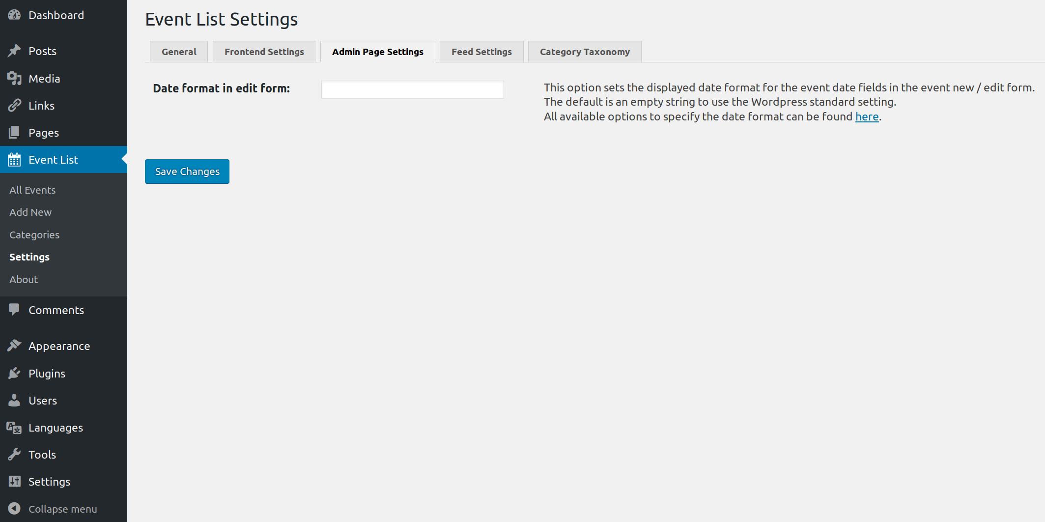Admin page: Event-List About page (shortcode tab) with shortcode attributes list and date range formats