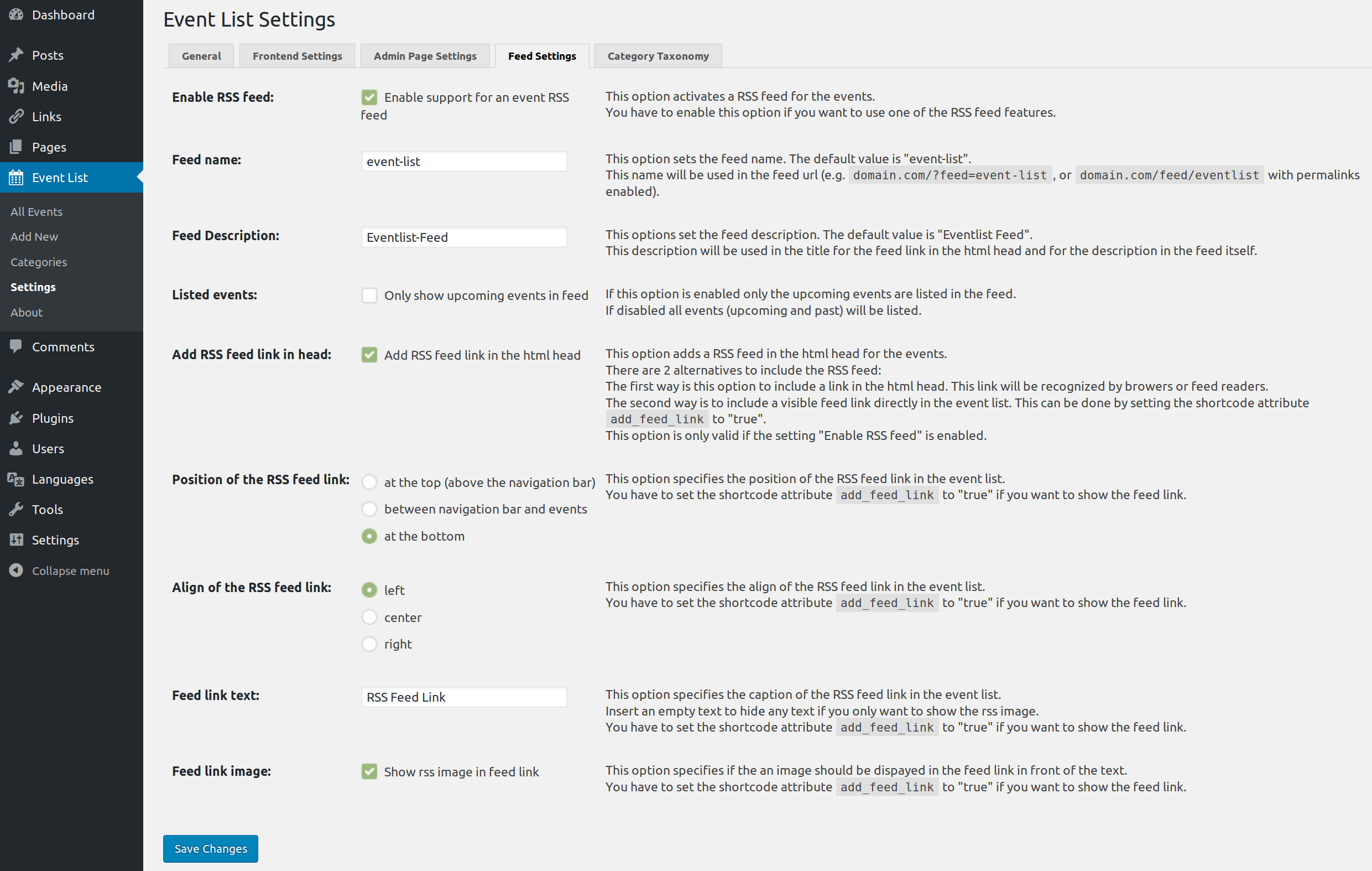 Admin page: Event-List Widget with the available options