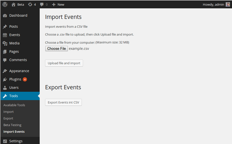 At *Tools > Import Events* select a file to import.
