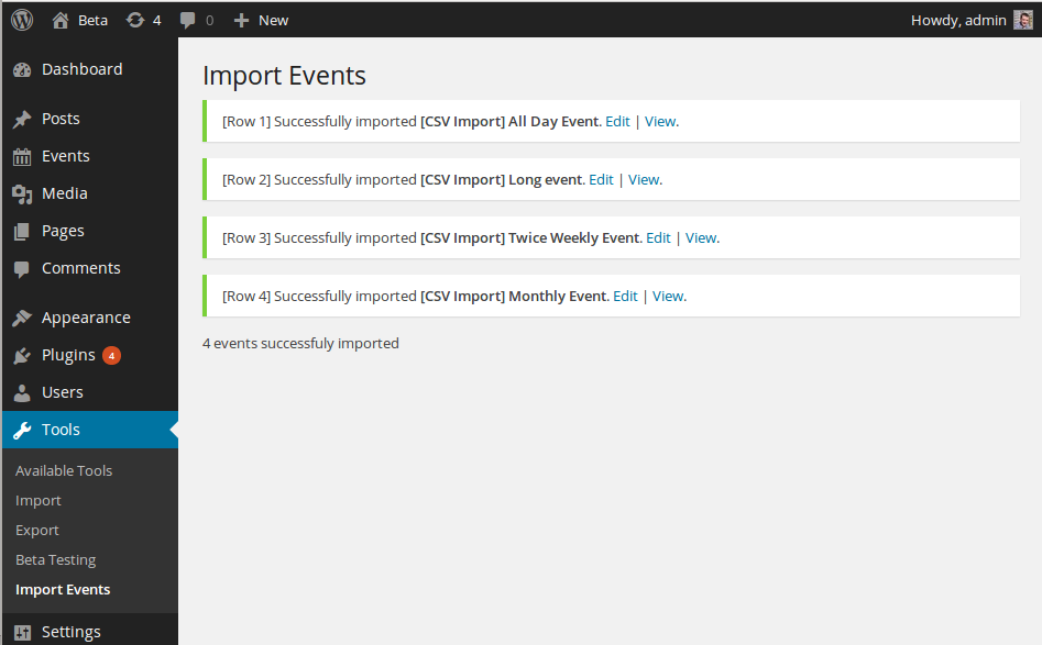 After importing the events you'll be notified if the it was successful.
