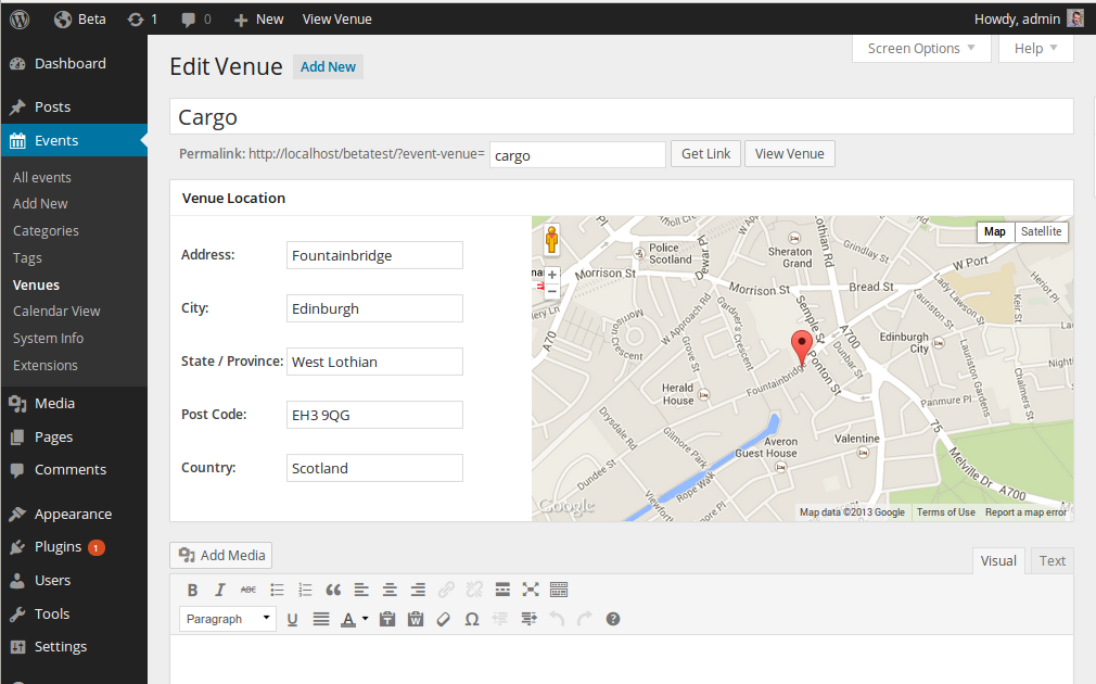 Venue editing screen, with Google Maps