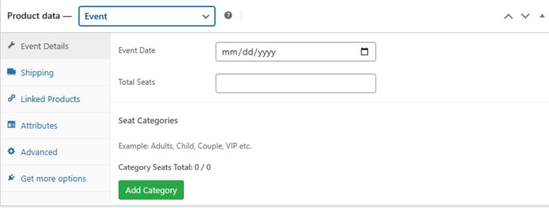 Event details configuration with seat categories