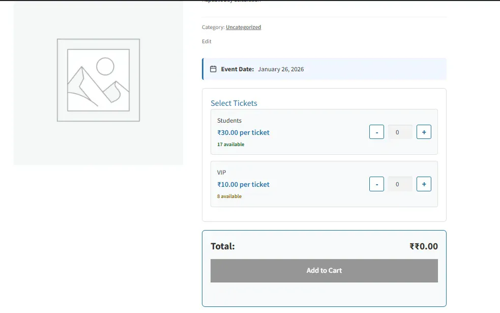 Frontend event ticket selection interface