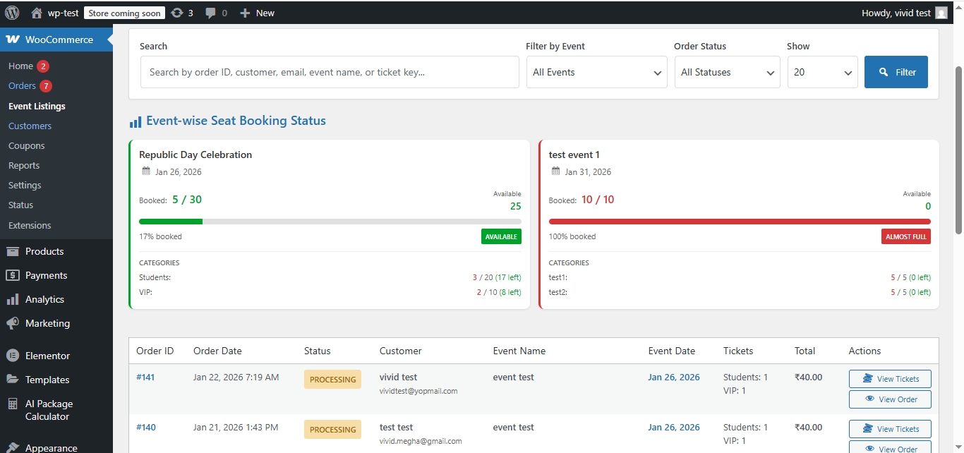 Eventano dashboard with booking overview
