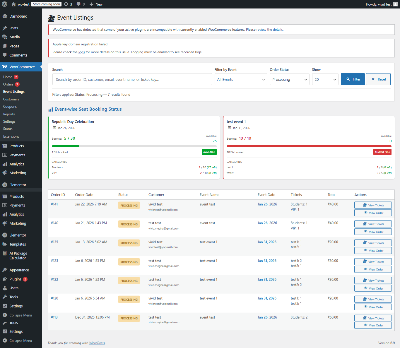 Detailed booking list with filters