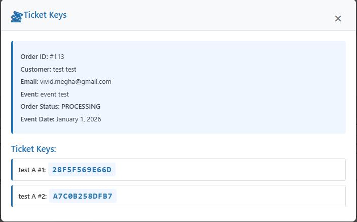 Ticket key modal display
