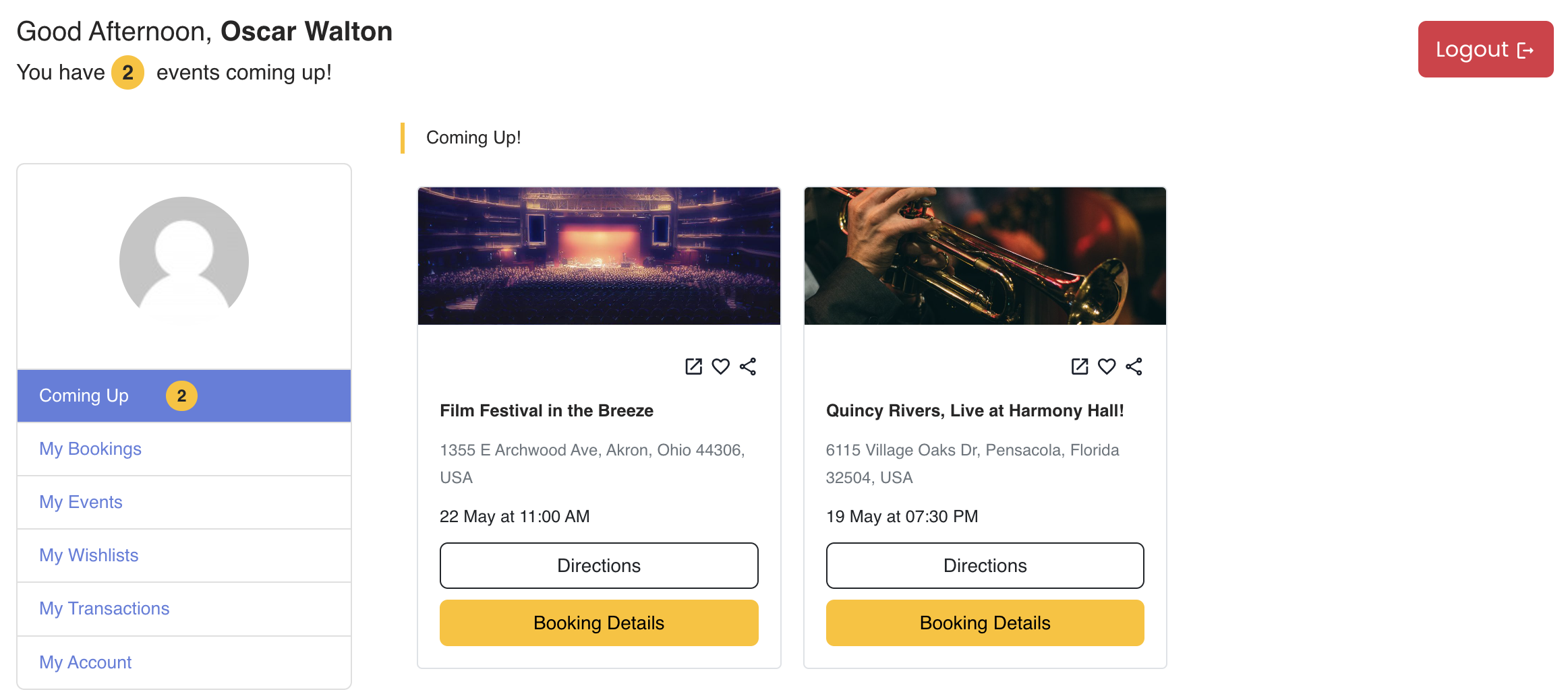Events Listings (Slider View) - Frontend