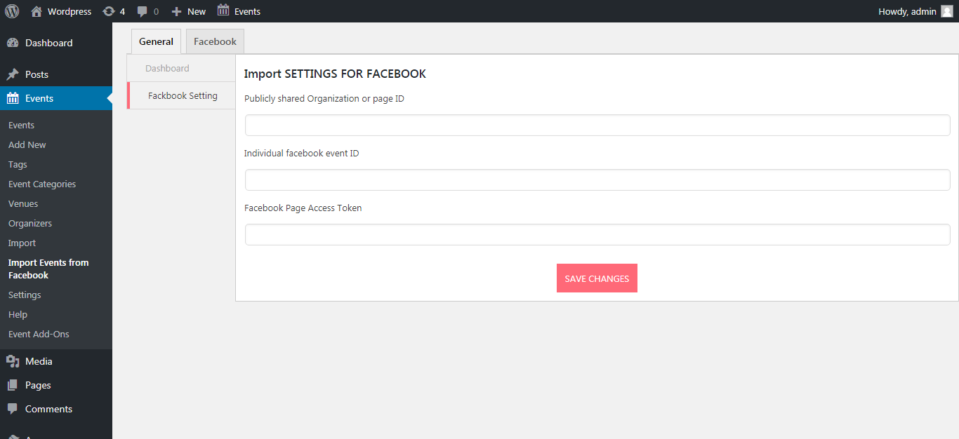 Events Importer from Facebook Addon Settings