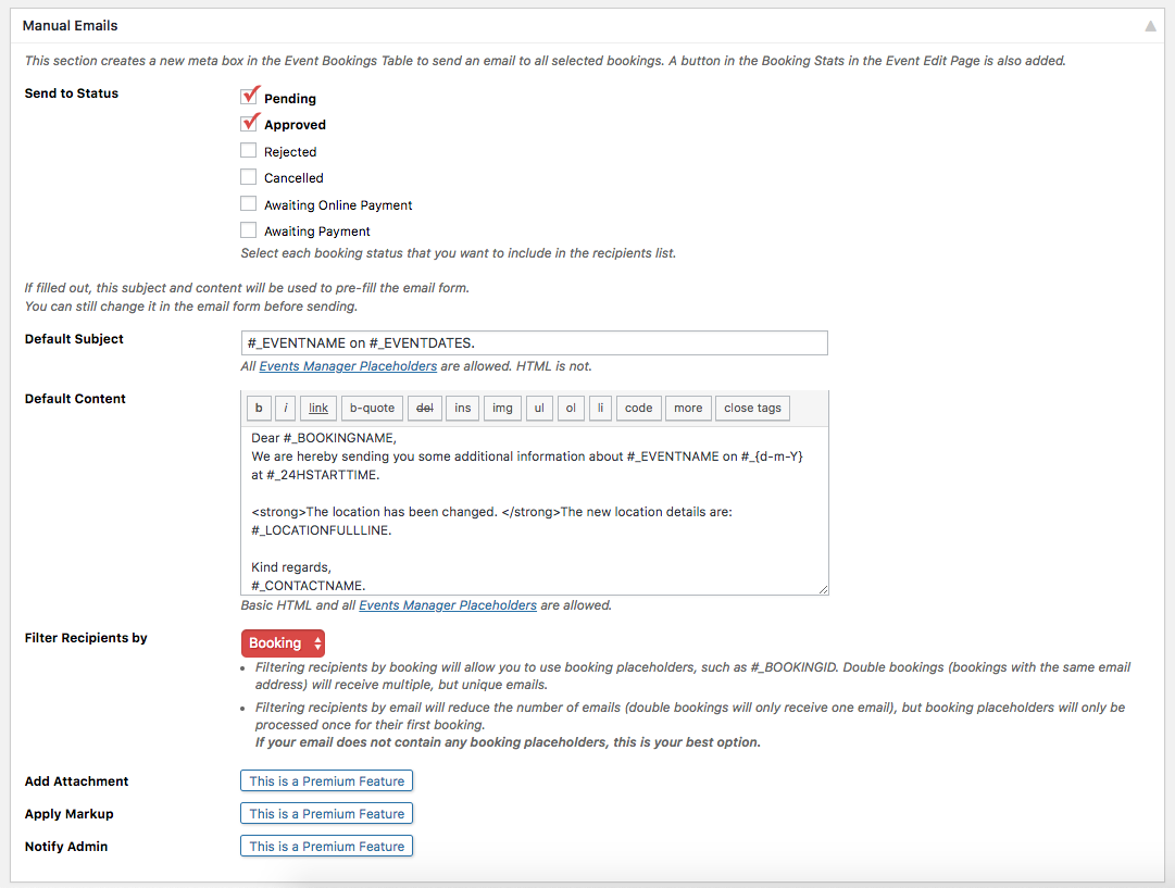 Default settings for the email form.