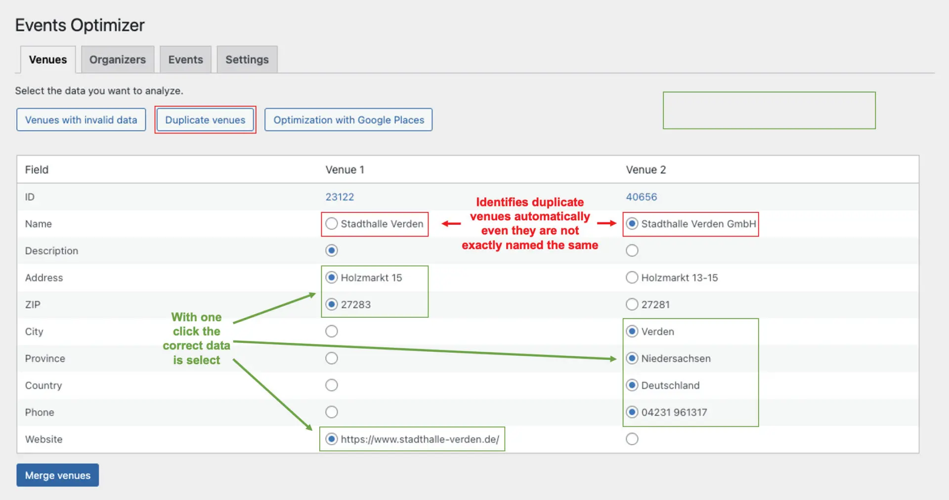 Identify duplicate venues and merge them