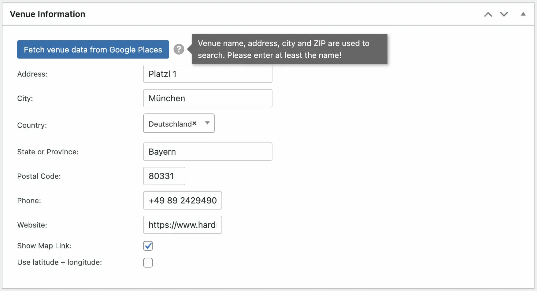 Fetch venue data from Google Places - right within the venue form! (Pro)