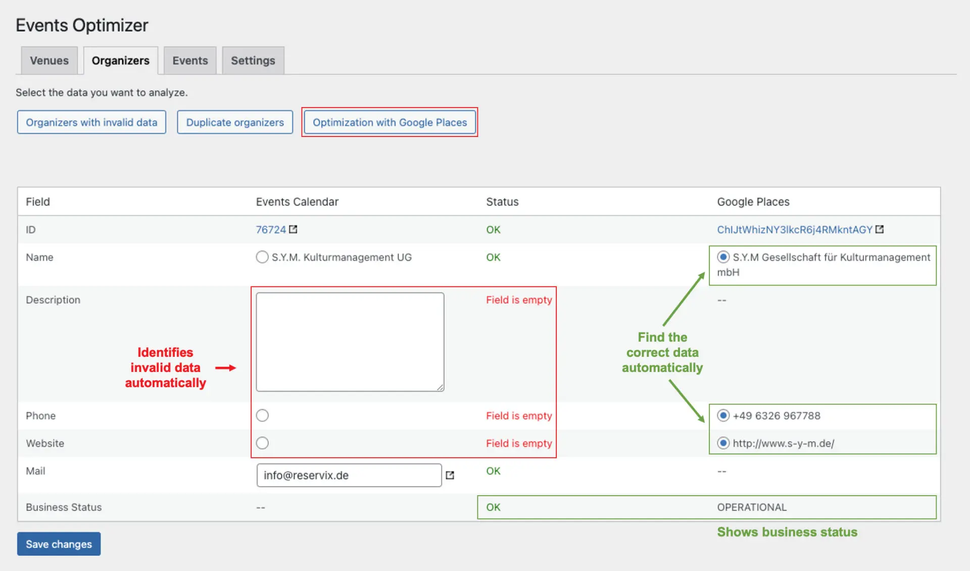 Optimize organizers with invalid data