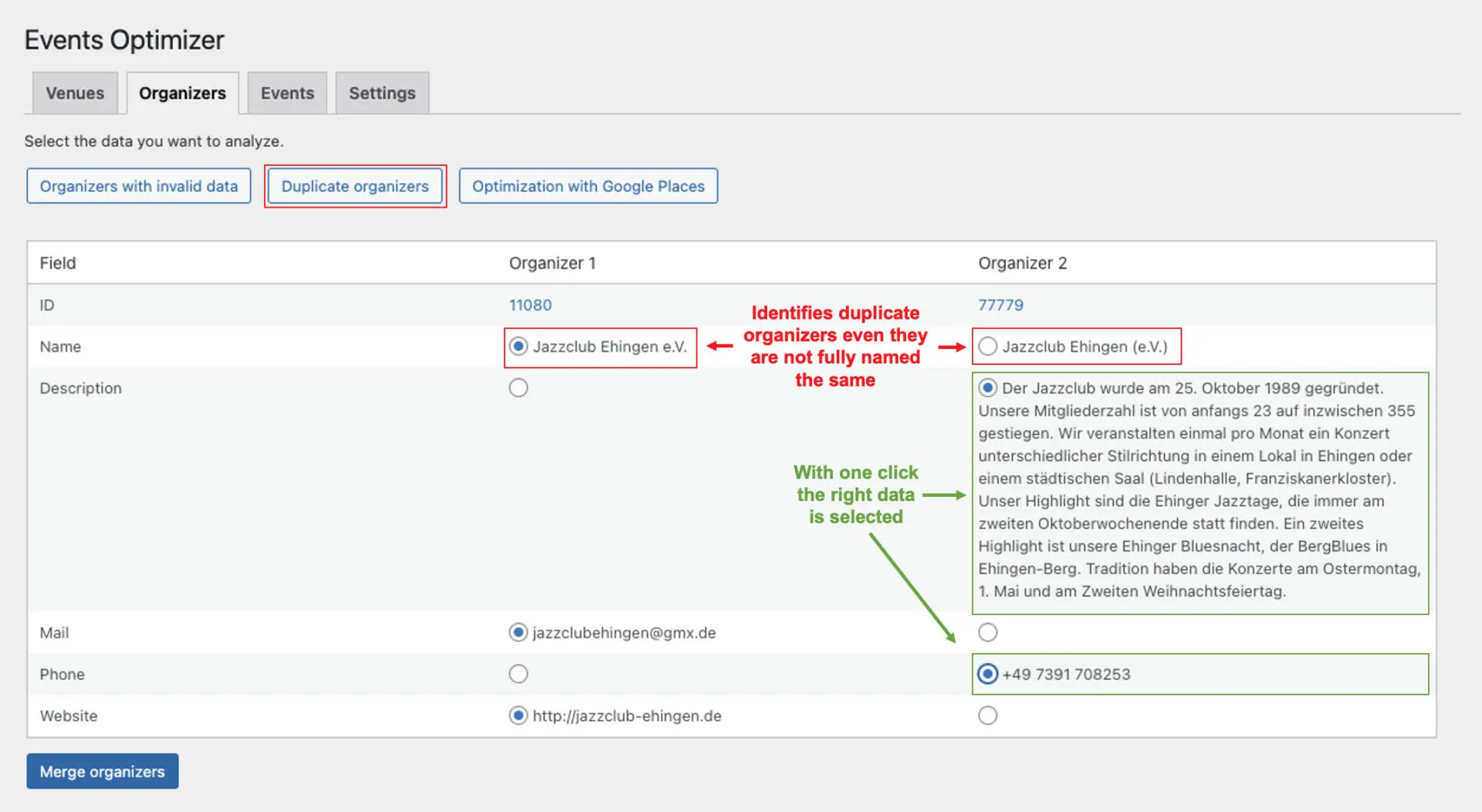 Identify duplicate organizers and merge them