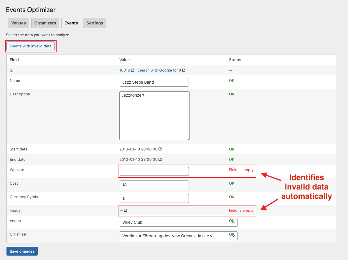 Optimize events with invalid data