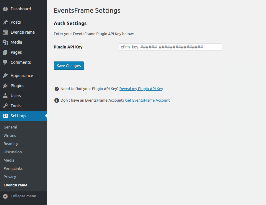 **Plugin Settings** - Here you can add your EventsFrame API key.