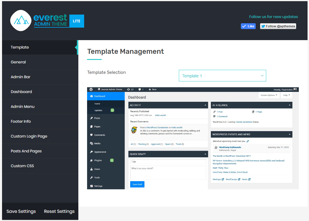 Backend Display of Plugin Settings.