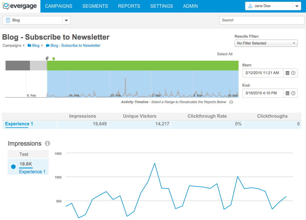 **Campaign reports** - See how each campaign is doing now and filter the results by time and user segment.