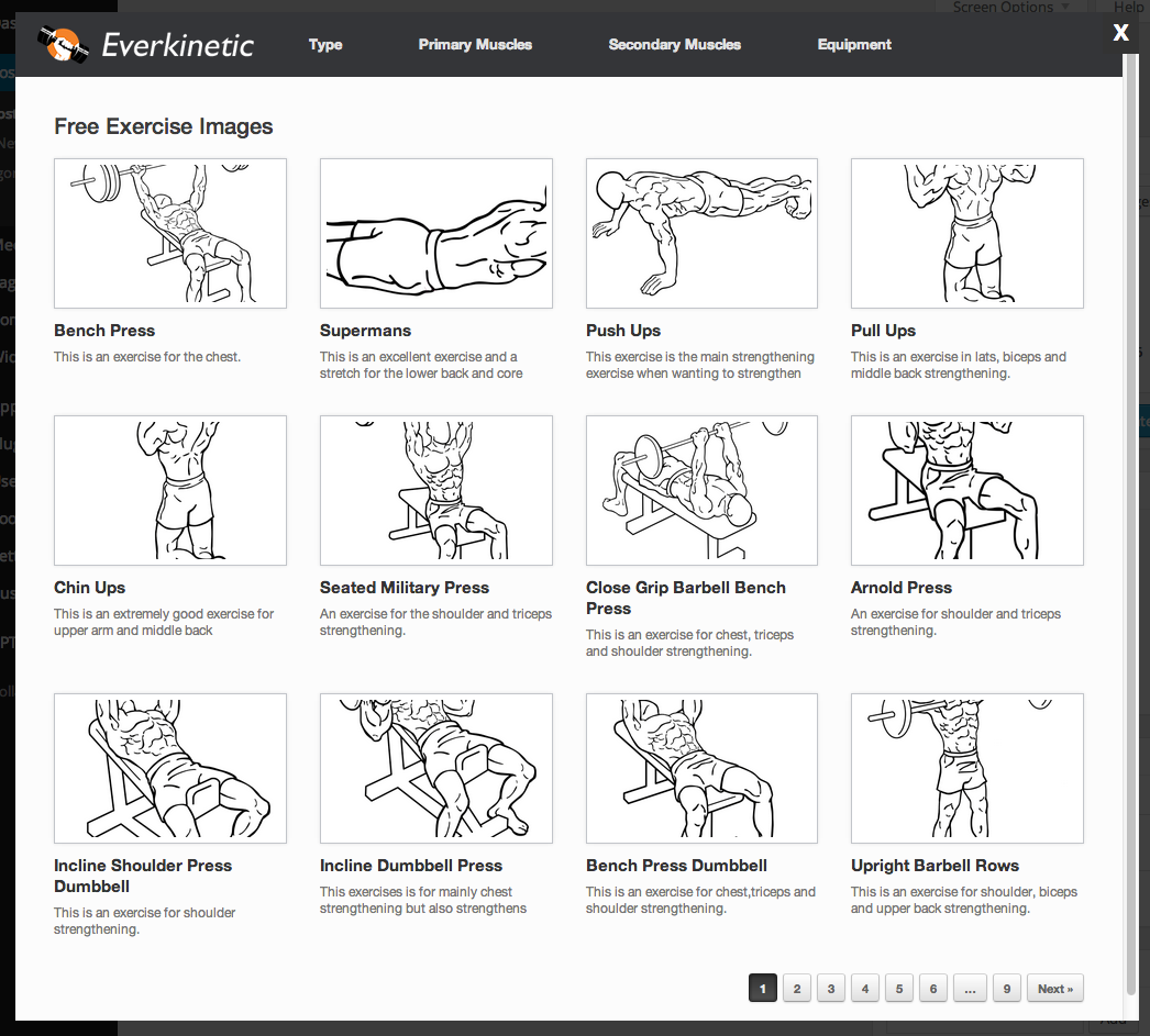 Browsing exercises on Everkinetic.