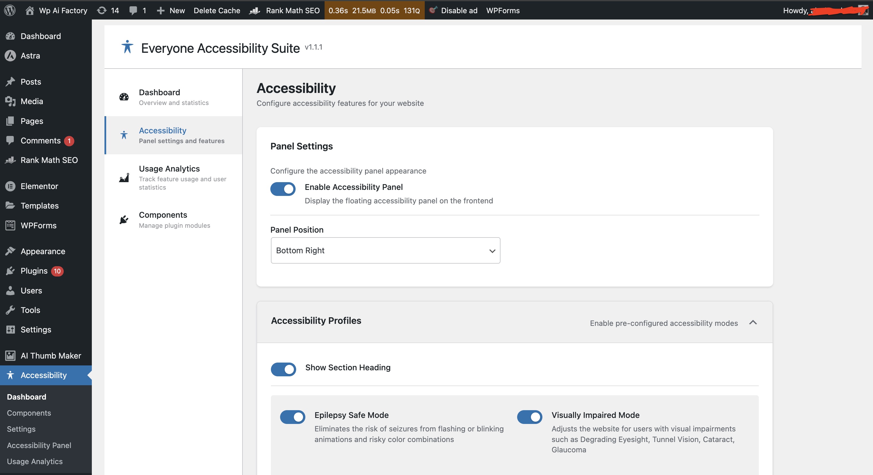 Accessibility panel with font size slider