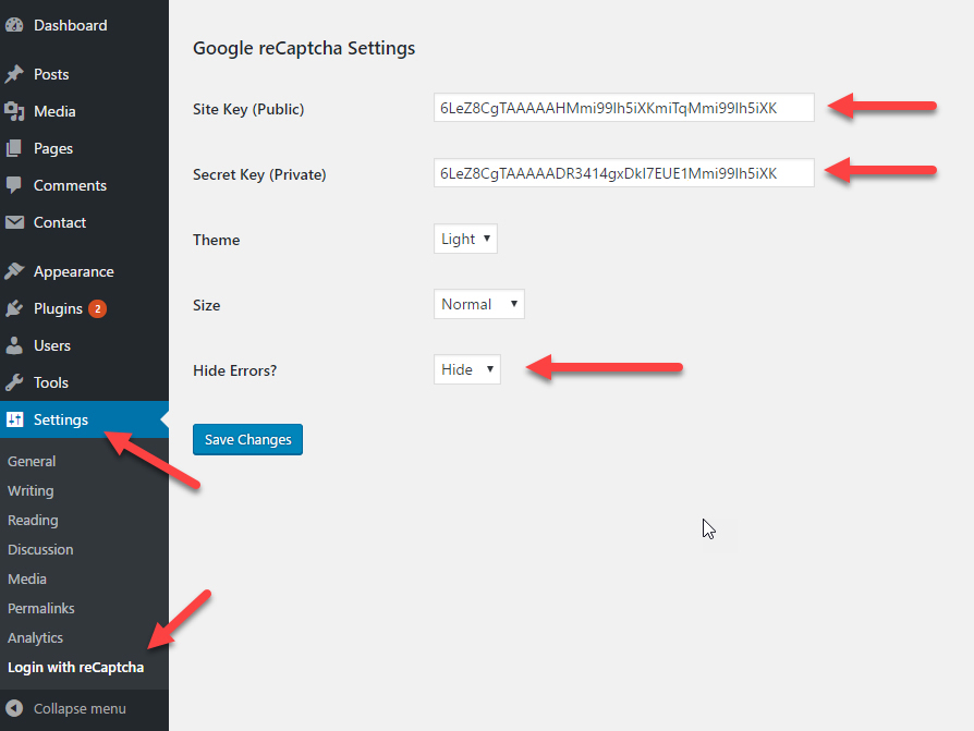 Go to Settings > Login with reCaptcha. Place your Google reCaptcha Site Key. Place your Google reCaptcha Secret Key.