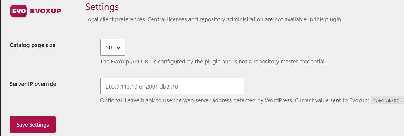 Evoxup Settings page