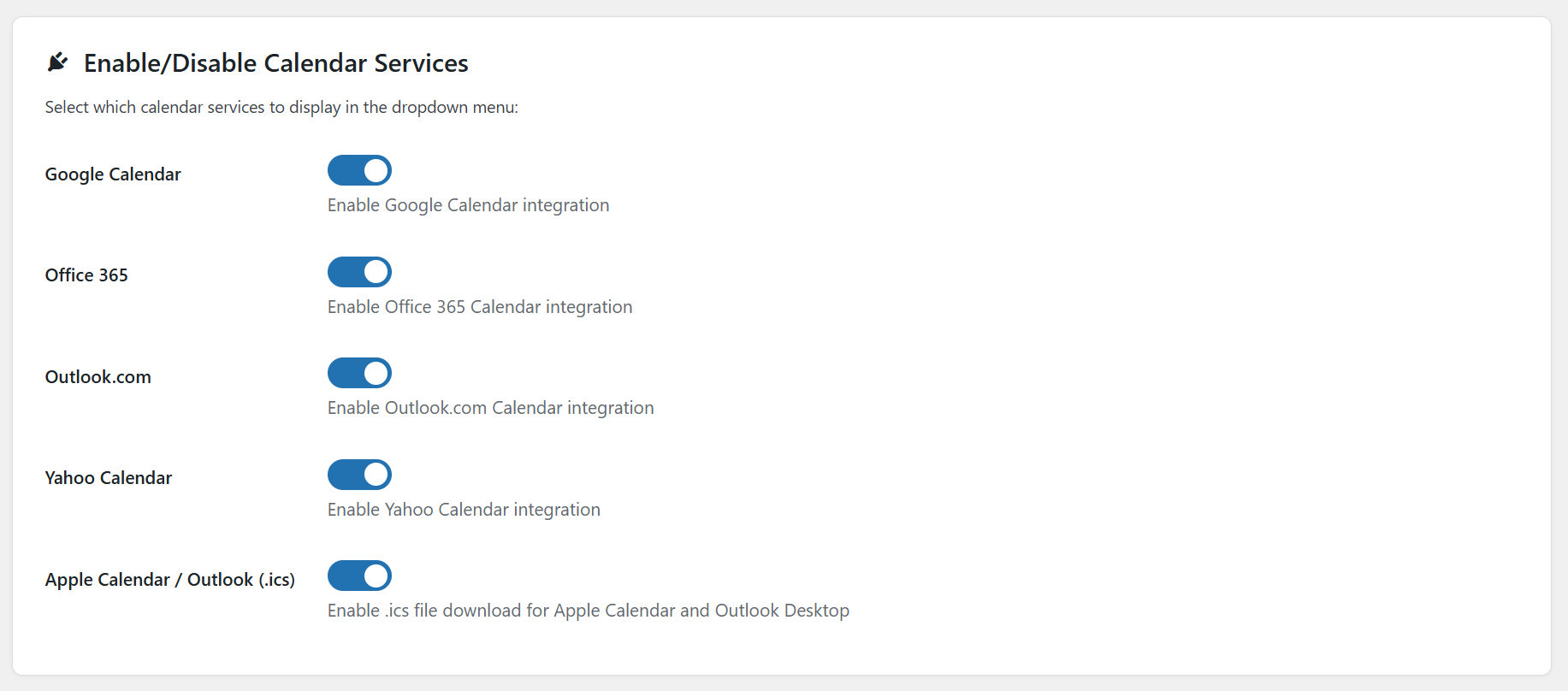 Multiple calendar service options displayed