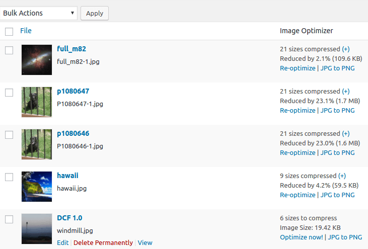 Additional optimize column added to media listing. You can see your savings, manually optimize individual images, and restore originals (converted only).