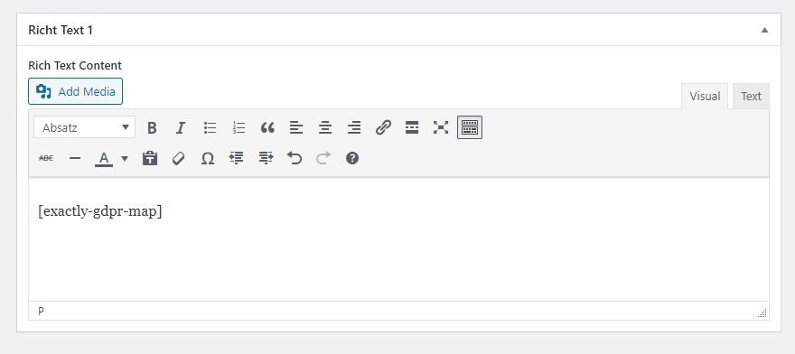 insert the shortcode <code>[exactly-gdpr-map]</code> in the text field - with block editor