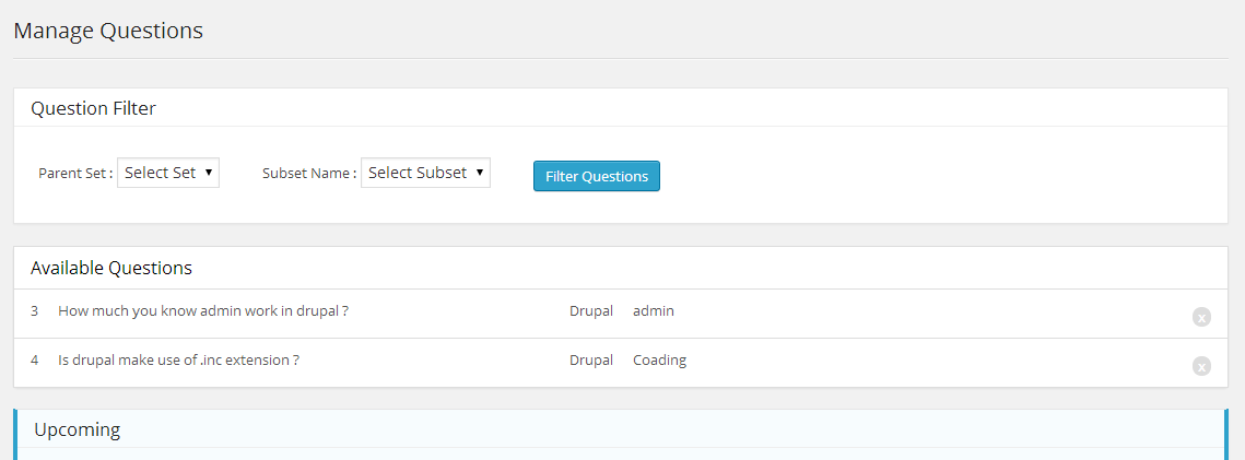 Manage Available Question Screen