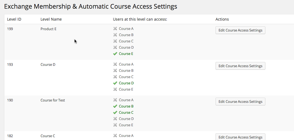 The Course Access Settings screen will display which membership levels are associated with which courses
