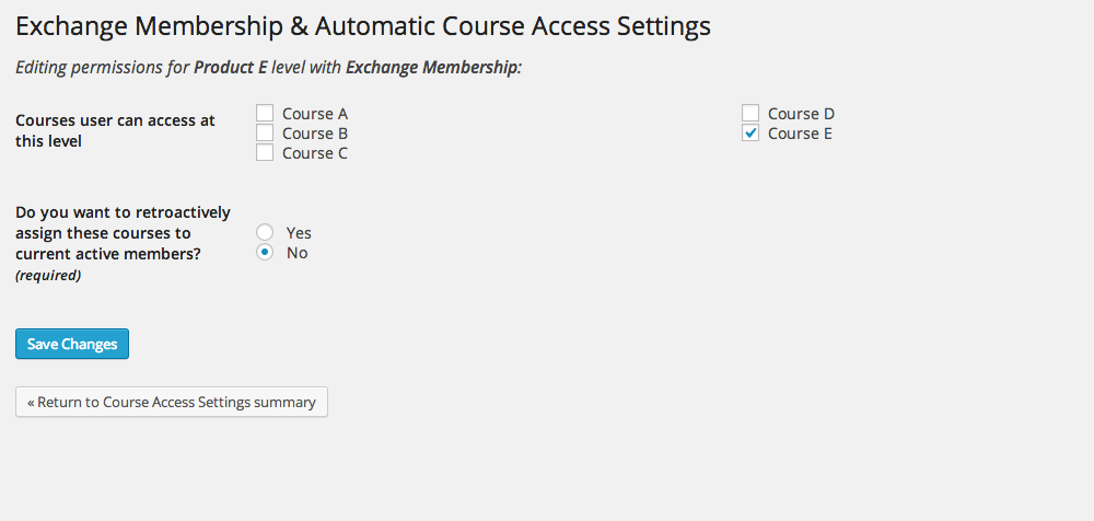 This is the actual configuration screen where you can select courses that will be associated with a particular membership level