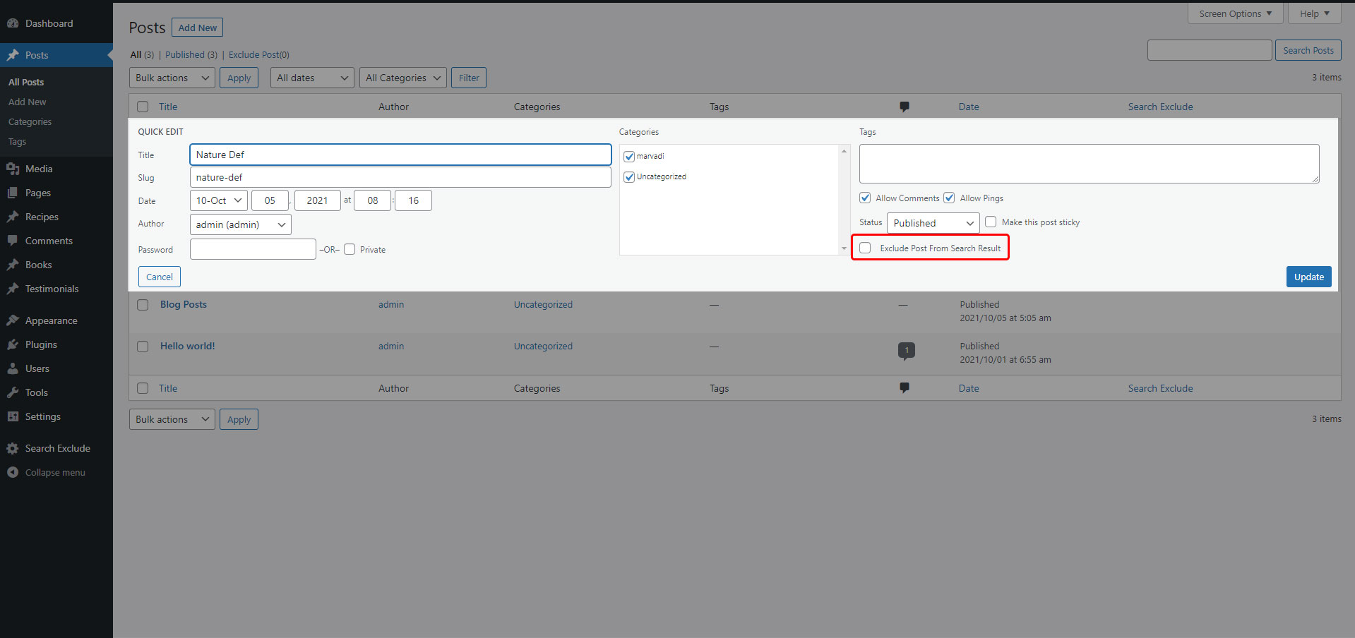 Exclude post option in quick edit post