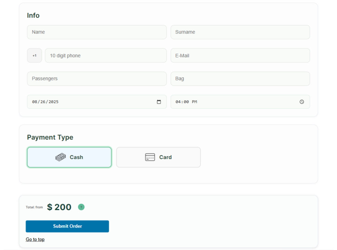 Customer info, payment and submit order with distance-based pricing (km calculation)