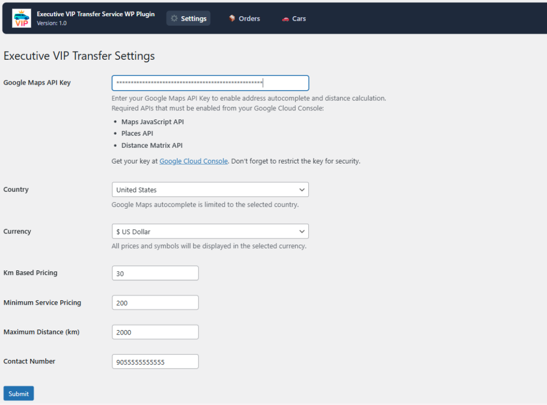 Admin settings page