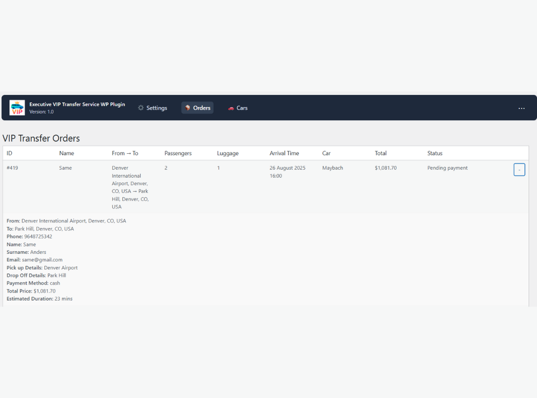 Admin orders page
