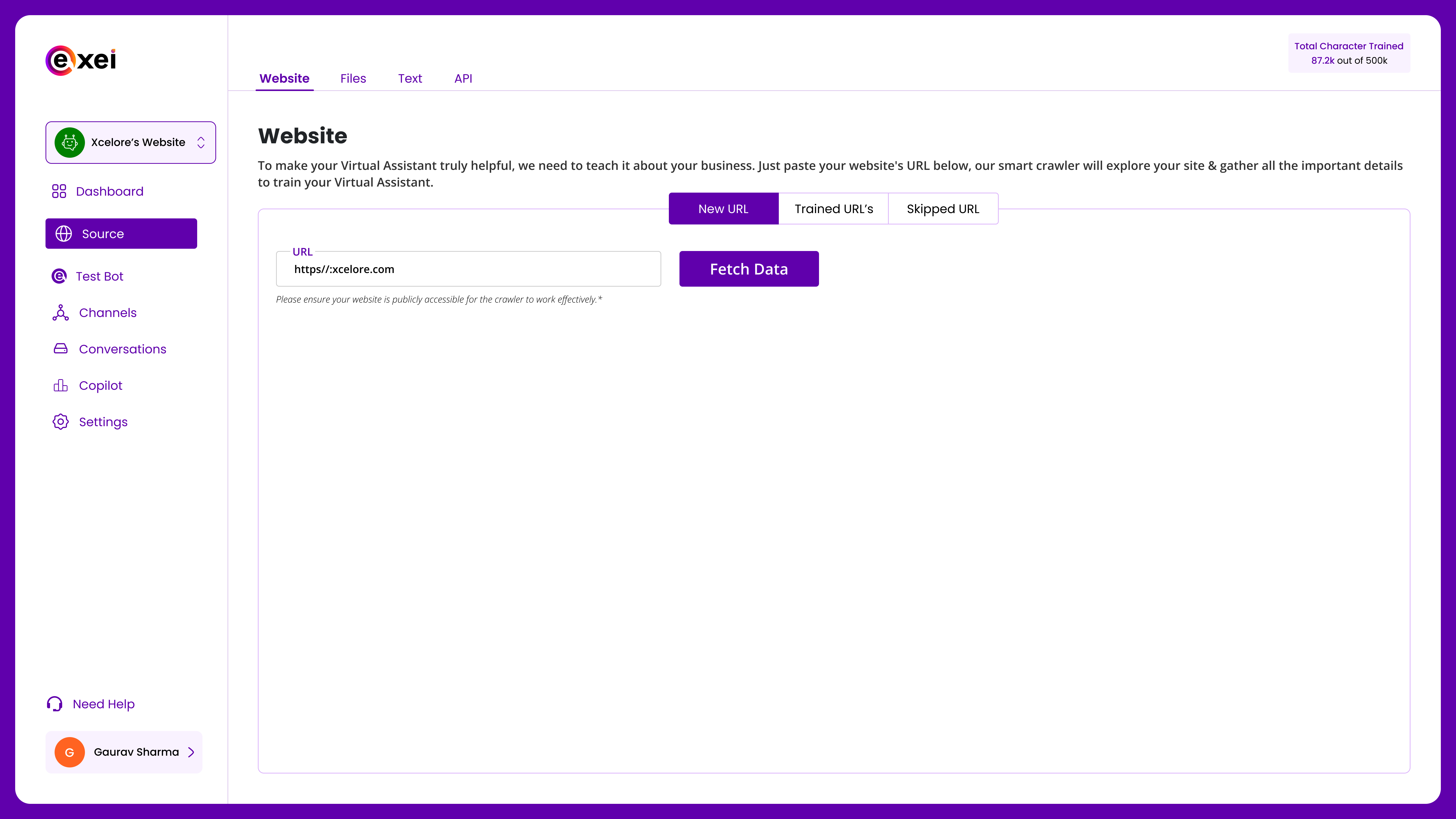 Train your AI agent by simply providing website URLs, documents, or text snippets.