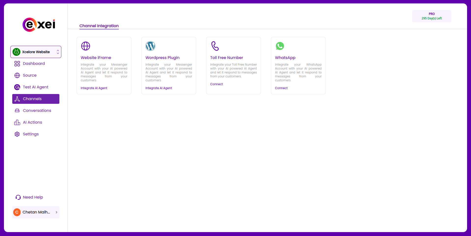 Seamlessly integrate your AI agent with various communication channels like website chat, WordPress, Toll free number, and WhatsApp.