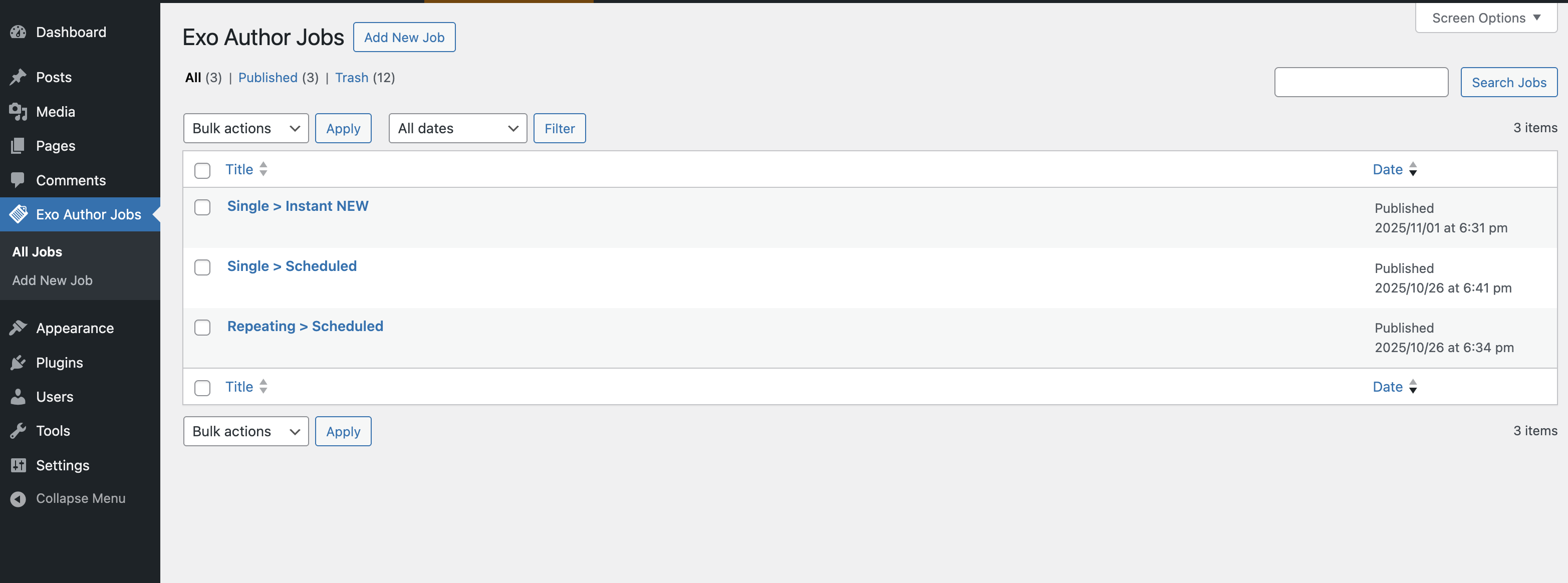 Jobs list (admin-only scheduler)