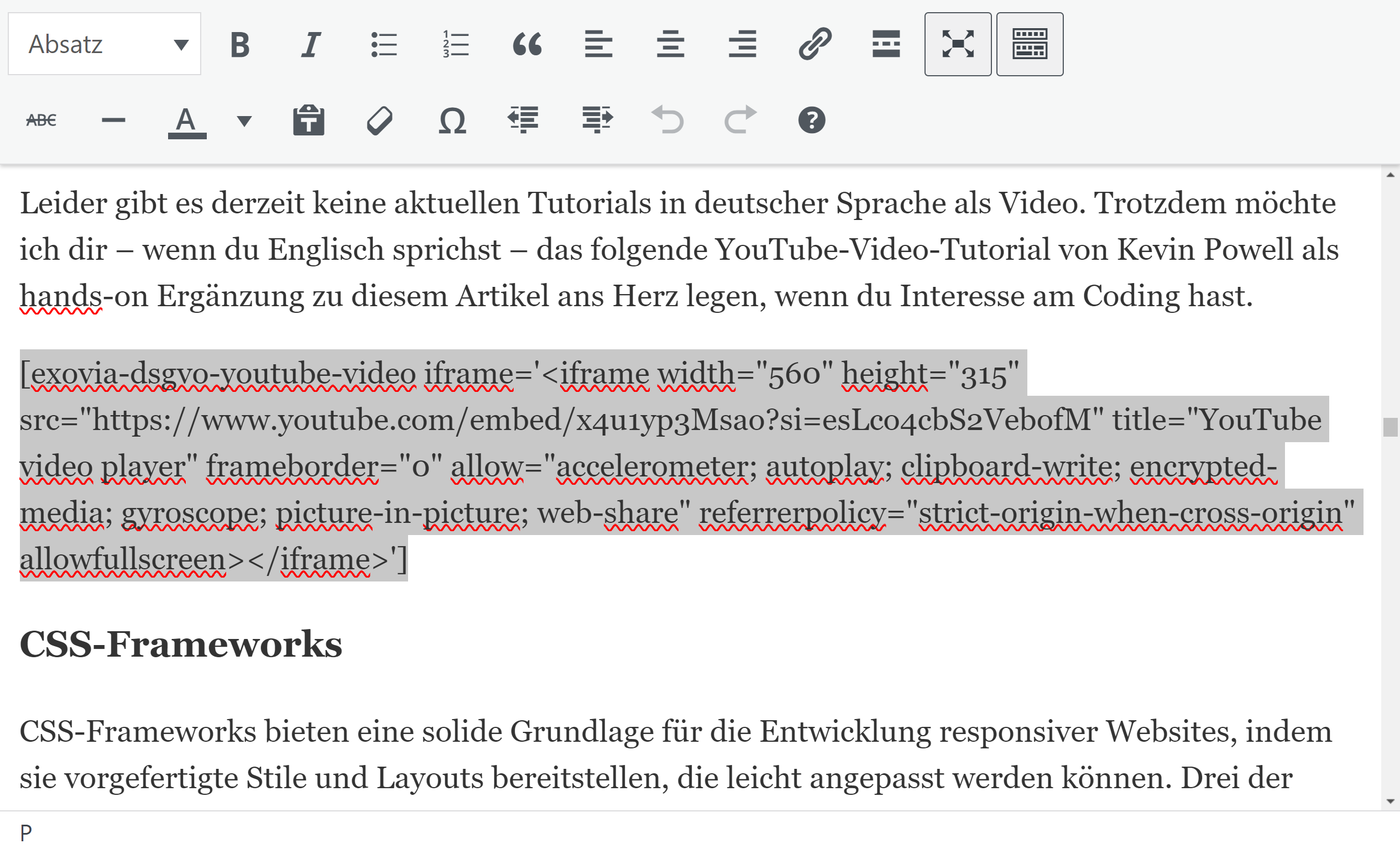 insert the shortcode <code>[exovia-dsgvo-youtube-video]</code> in the text field - with block editor