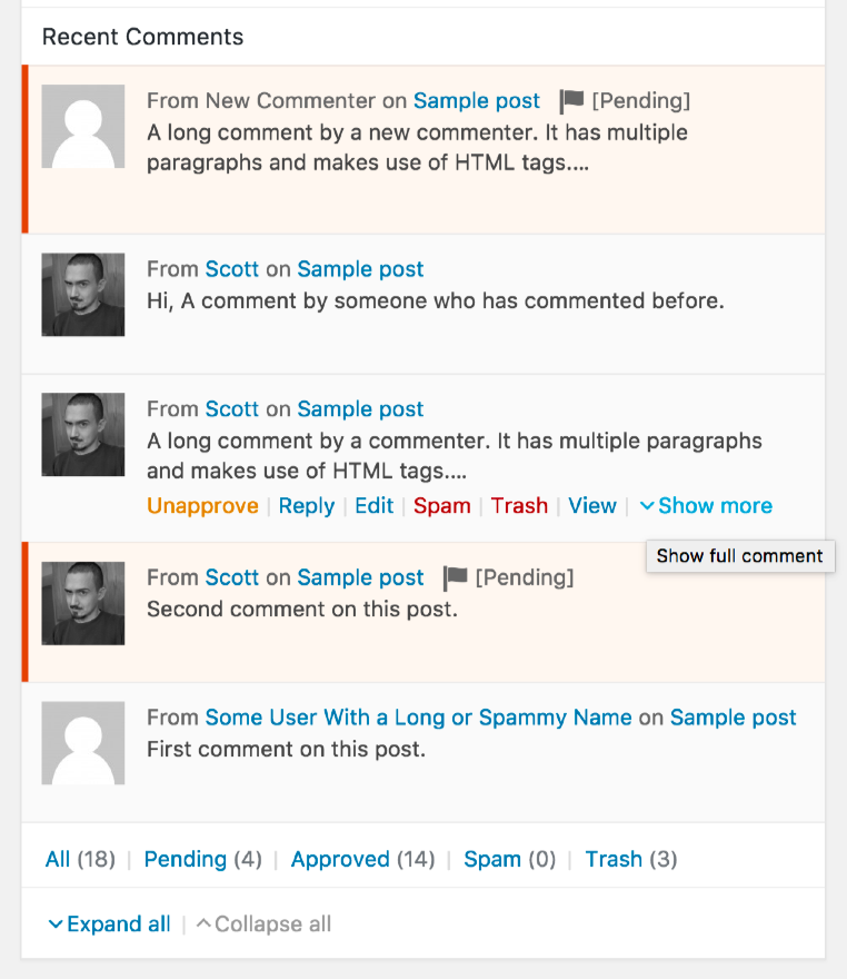 A screenshot of the 'Recent Comments' admin dashboard widget with the plugin active, showing comments that have been truncated/excerpted by WordPress (the 2nd and 4th listed) and full, short comments. The third comment has the mouse over it (though the cursor doesn't appear in the screenshot) so you can see the action links, including the "Show more" link. Note, also, the 'Expand All' and 'Collapse All' links added to the bottom of the widget.