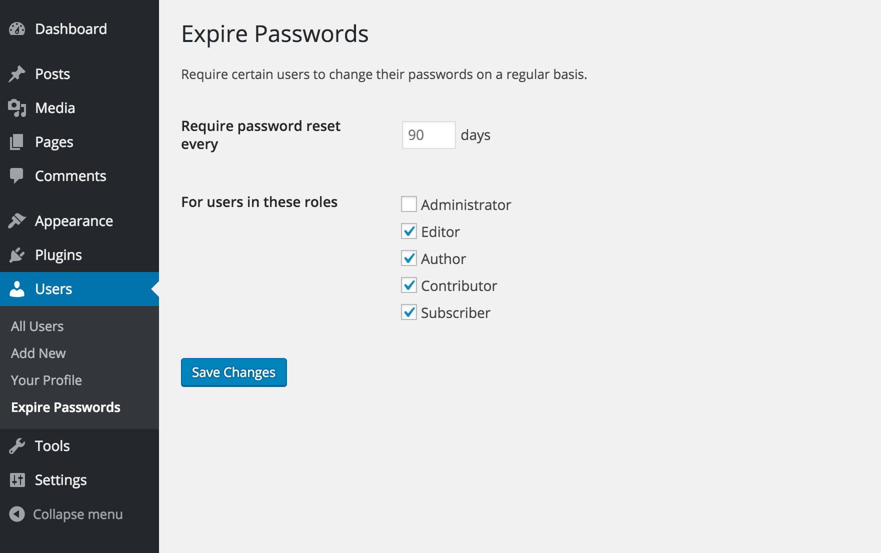 Configure which user roles should be required to regularly reset their passwords and how often.